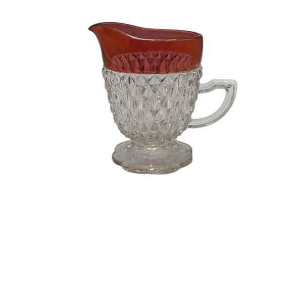 Vintage Indiana Glass Ruby Red Trim Diamond Point Cream and Sugar Set - Picture 9 of 11